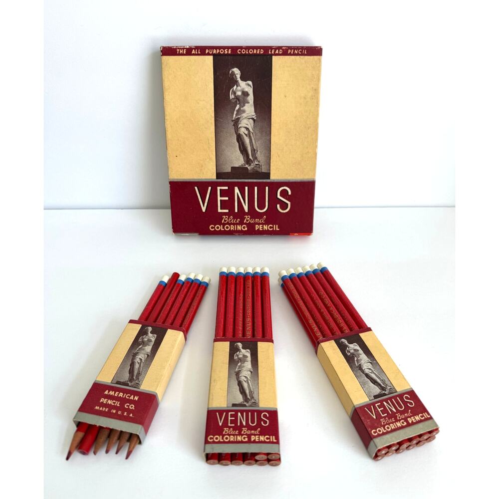 Vtg Venus Blue Band Red Coloring Pencils Lot of 30 1940s-50s American Pencil Co